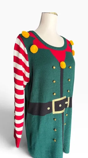 Isela Elf Ugly Christmas Sweater XL NWT 3D Bells Pom Poms Striped Holiday Tunic thumbnail 1