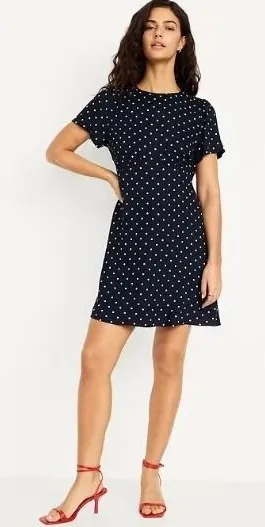 Old Navy Women's Size Medium Crepe Mini Dress Navy Blue White Polka Dots Short thumbnail 1