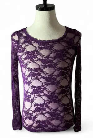 Bozzzo Y2K Purple‎ Lace Long Sleeve Scoop Neck Sheer Women Top Layering Shirt thumbnail 1