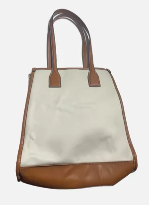 Zara Tote Bag Women Large White Brown Canvas Faux Leather Trim Minimalist Chic thumbnail 1
