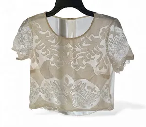 Women's Sheer White Lace Crop Top with Short Sleeves thumbnail 1