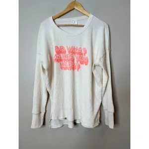 Aerie Do What Makes You Happy‎ Waffle Knit Thermal Top Oversized Medium Ivory thumbnail 2
