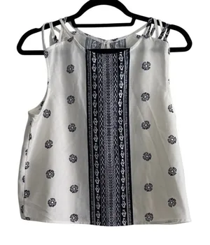Abercrombie & Fitch‎ Womens Medium White Navy Blue Geometric Boho Sleeveless Top thumbnail 1