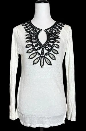 Vintage Y2K INC Linen Beaded Embroidered Top Sz M Whimsigoth Fairy Grunge Black thumbnail 1
