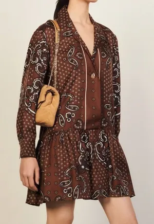 NWT Sandro Aurelie Paisley Silk Shirt Dress Brown Bandana Print Ruffle 40 L thumbnail 1