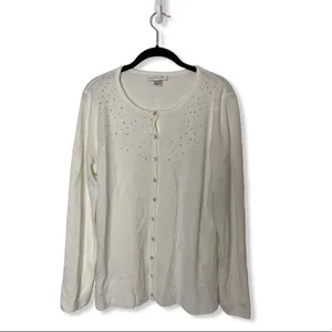 Christopher & Banks Off-White Button-Front Cardigan Sweater | Rhinestone Detail thumbnail 2