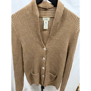 VTG‎ 90's LL Bean Women's Tan Chunky Knit Ribbed 100% Merino Wool V-neck Cardi M thumbnail 2