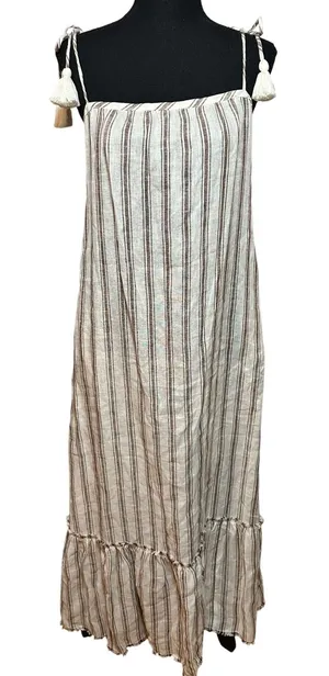 Tory Burch Striped Linen Maxi Dress Brown Cream Tassel Tie Straps 87512 Small thumbnail 1