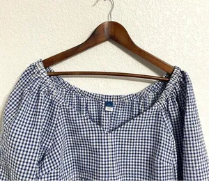Old Navy Womens Shirt Blouse Blue White Gingham Plaid Seersucker Size Medium thumbnail 4