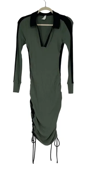 Daily Practice Grewn Ribbed Contrast‎ Collar Ruched Bodycon Dress XS Athleisure thumbnail 1