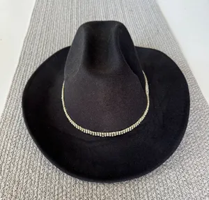 Source Unknown Black Felt Cowboy Hat w Tripe Row Rhinestone Crystal Band thumbnail 1