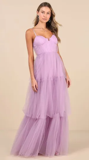 Lulus Unforgettable Poise Lilac Tulle Bustier Tiered Maxi Dress Formal Large NWT thumbnail 1