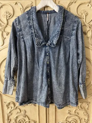 Free People Ruffle Collar Denim Swing Blouse - Lightest Indigo Blue SZ Amall thumbnail 6