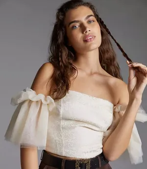 Anthropologie Sunday In Brooklyn Tulle Off The Shoulder Blouse Top Ivory Xl thumbnail 1