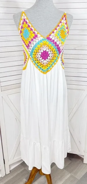 Raviya Crochet Bodice Top‎ Tiered Boho Midi Dress Cover Up White Multi Medium thumbnail 1