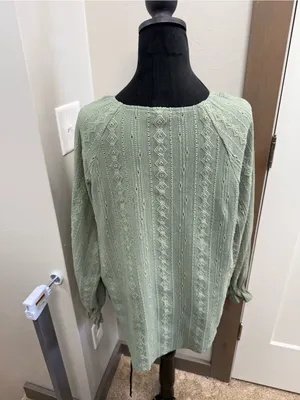 Frye Button Popover Crochet Boho Pistachio Green Blouse Embroidered Textured L thumbnail 4