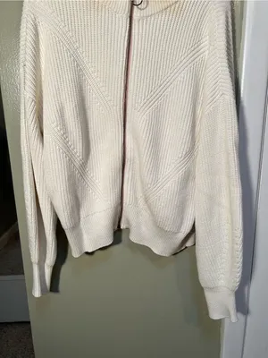 Lilla P Women’s Sz Large Zip Front Sweater in White Cream Gold Circle Zip Cotton thumbnail 4