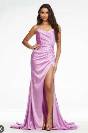 Ashley Lauren Spaghetti Strap Ruched Dress Style 11162 Lilac size 0 thumbnail 1