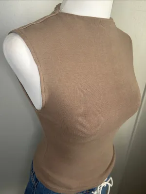 Zara Sleeveless Ribbed Cotton Blend Knit Mock Neck Tank Top - Taupe Brown thumbnail 1