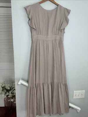 Cynthia Rowley Dusty Mauve Flutter Sleeve Maxi Dress Linen Prairie Demure Medium thumbnail 2