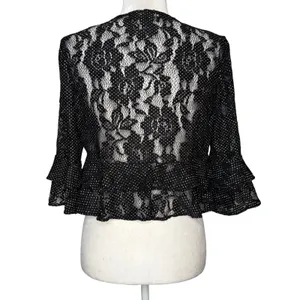 LRL Ralph Lauren Small Lace Overlay Cardigan Bell Sleeve Open Sheer Black Ruffle thumbnail 6