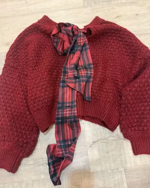 NWT Altar'd State Burgundy Textured Sweater Plaid Bow Open Back Size Small thumbnail 1