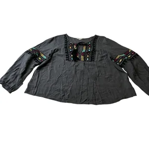 Solitaire Gray Embroidered Peasant Blouse Tassel Tie Long Sleeve Top Large thumbnail 13
