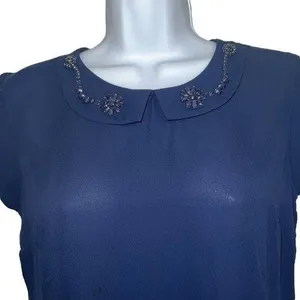 THE LIMITED Navy‎ Blue Rhinestone Embellished Peter Pan Collar Blouse NWOT XS thumbnail 3