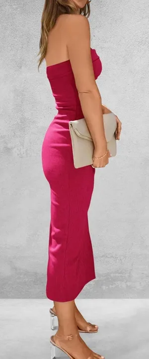 PRETTYGARDEN Pink Bodycon Ribbed Strapless Side Slit Dress thumbnail 4