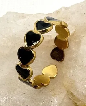 18K Gold‎ Plated Heart Enamel Band Ring Size 7 Open Adjustable Black Hearts Cute thumbnail 1