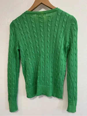 Lauren Ralph Lauren Green Cable Knit Sweater Gold Shoulder Buttons PXS thumbnail 3