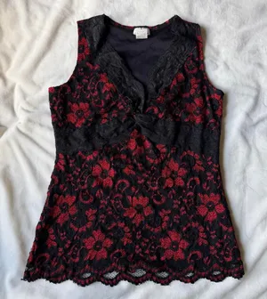 vintage y2k whimsygoth witchy fairycore black & red lace tank top size small thumbnail 1