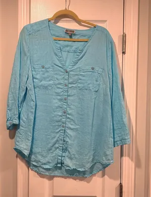 JM Collection Size 14 Aqua Blue Linen Button Down Collarless Beachy Tunic Top thumbnail 1