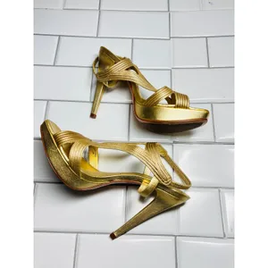 Diane von Furstenberg Luna Gold Metallic Strappy Platform Stiletto Sandals 9M thumbnail 3