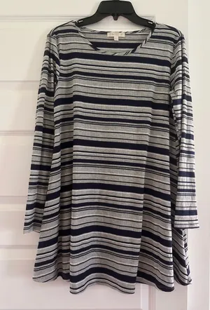 love, Fire Striped Long-Sleeve Swing Dress - Navy and Gray thumbnail 1
