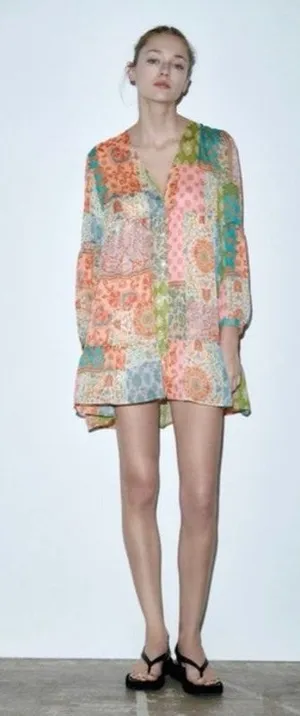 Zara‎ Patchwork Boho Mini Dress V Neck Metallic Thread Button Front Size M thumbnail 1
