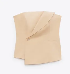 Zara NWOT gabardine light, yellow, zipper, back strapless button front tube top thumbnail 6