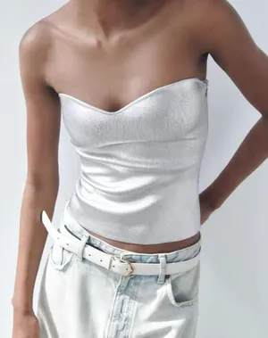 Metallic Silver Crop Top thumbnail 2