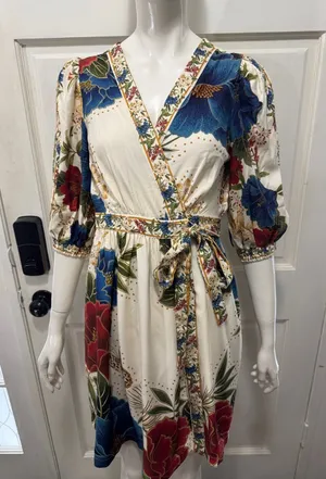 Farm Rio Floral Wrap Midi Dress in Cream with Blue & Red Blooms Size Small thumbnail 1