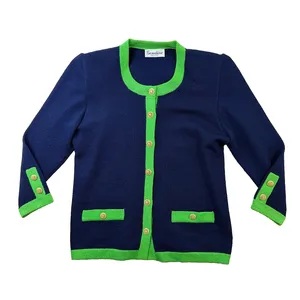Vintage Gondine 2 Pc Knit Cardigan Pants Set Navy Green Shoulder Pads EUC thumbnail 2