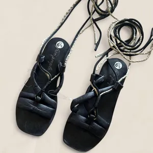 Free People Black Leather Lace-Up Gladiator Sandals Size 6.5 thumbnail 1