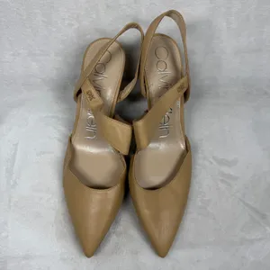 Calvin Klein Tan Leather Pointed Toe Slingback Asymmetrical Strap Heels 9.5‎ thumbnail 3