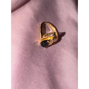 Vintage Gold Tone Pear Cut Black Onyx Bypass Ring with Clear Accent Stone thumbnail 5