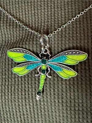Silver Dragonfly Pendant Necklace in Lime Green & Teal thumbnail 2