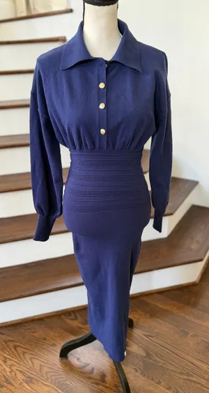 NWT Commense Navy Blouson Long Sleeve Knit Midi Pencil Skirt Sweater Dress thumbnail 1