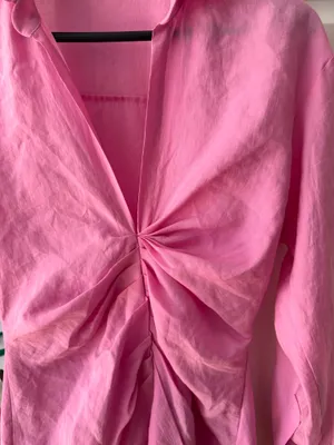 Zara Barbie Pink Draped Long Sleeve Dress Deep Vneck Collared M thumbnail 6