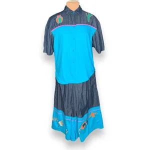 Vintage 90s Southwestern Appliqué Denim Button‎ Up Shirt Gaucho Pants Set Medium thumbnail 2