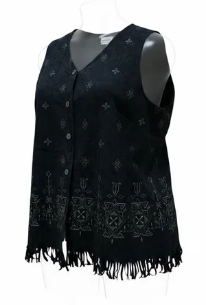 Vintage Black Faux Suede Vest Fringe Hem Embroidered Boho Western Festival thumbnail 1