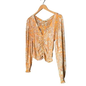 NWT Free People Say The Word Tee XS Blood Orange Floral Ruched Long Sleeve Top thumbnail 5