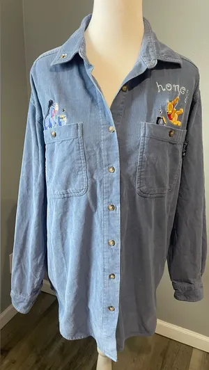 Vtg 90s Disney Winnie The Pooh Eeyore Blue Corduroy Button Up Shirt "Honey" thumbnail 1